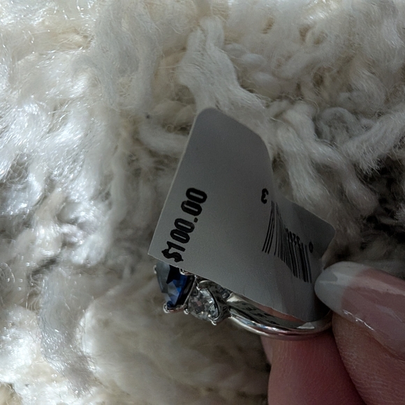 Blue and Silver Ring with Cushion Cut Gemstone and Clear Accent - Picture 3 of 5